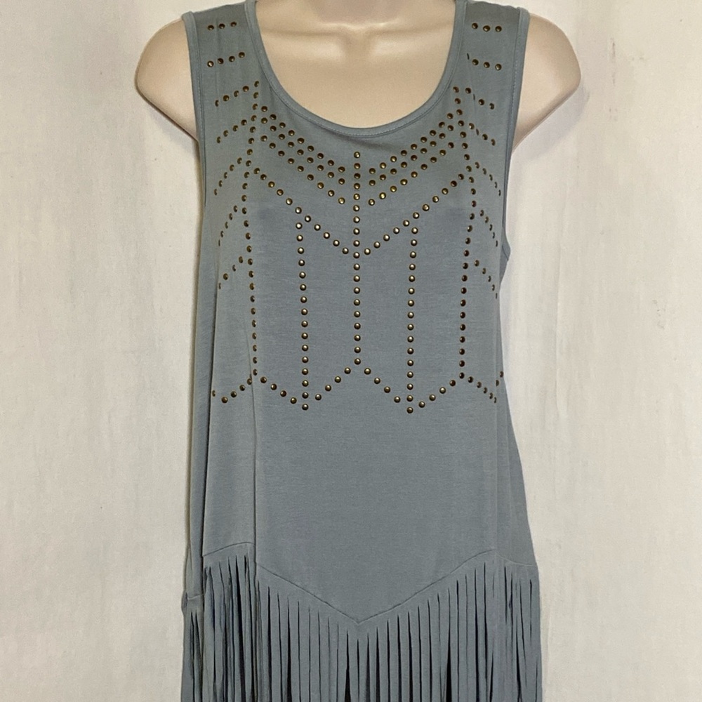 Vocal Rounded Neckline Antique Brass Studded Bottom Fringe Tank Top, Dusty Blue